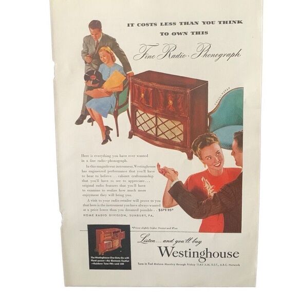 Vintage 1947 Westinghouse Radio Phonograph Ad Advertisement - Picture 1 of 4